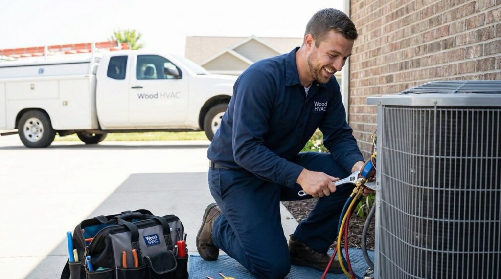 wood hvac employee working on ac unit